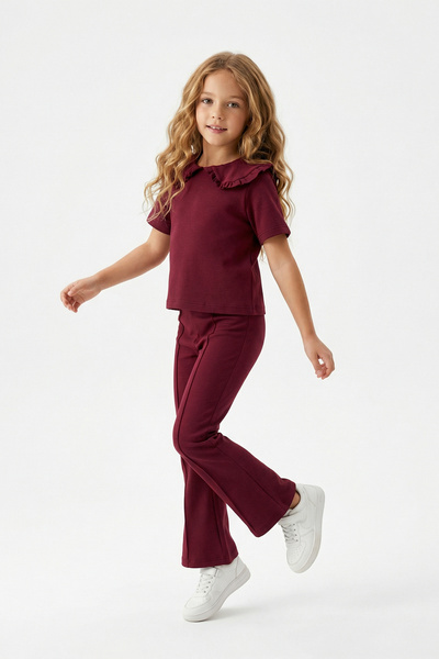 TRENDYOLKIDS Burgunderfarbenes Baby-Kragen-Set für Mädchen mit einfarbigem St...