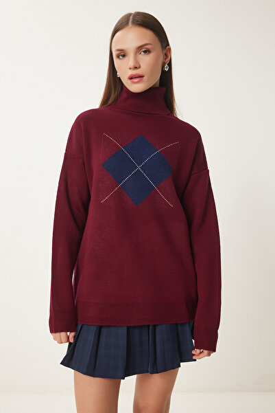 Happiness İstanbul Balıkçı Yaka Baklava Desenli Triko Kazak Hfk610060