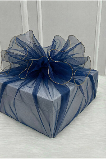 ZEYMERADE Tul decorativ Bohça, albastru închis, cu margine overlock aurie, or...