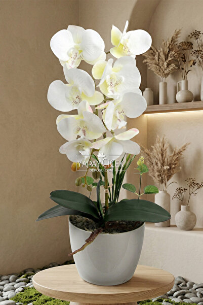 Yapay Çiçek Deposu Saksıda Yapay Baskılı Islak Orkide 55 cm Beyaz