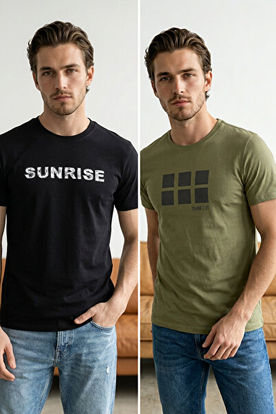 Trendyol Collection Tricouri negru-kaki, pachet de 2, cu imprimeu cu matriță ...