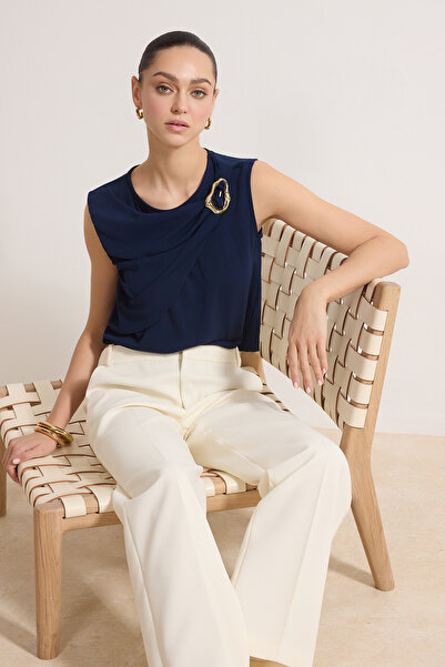 Trendyol Collection Navy Blue Woven Blouse with Accessory Detail Twoss26Bz00209