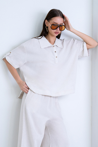 Trend Alaçatı Stili Women's Ecru Polo Collar Wide Cut Linen Blouse with Folde...