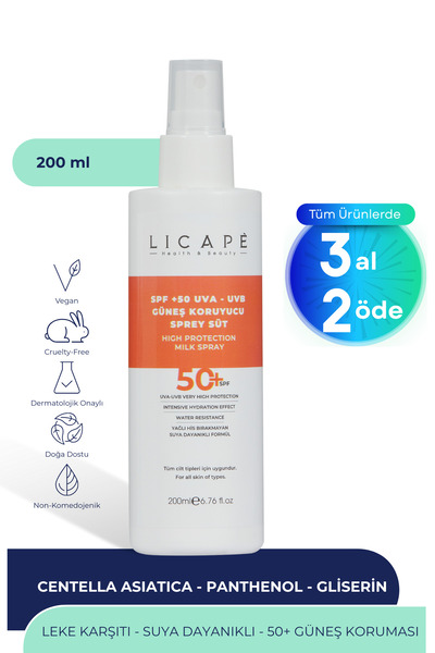Licape Spf 50 Faktör Uva - Uvb Güneş Koruyucu Sprey Süt 200ml