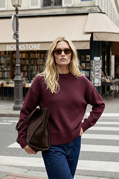 Trendyol Collection Weinroter, lockerer, weicher, strukturierter Strickpullov...