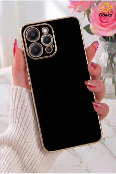 Fibaks Redmi 12 Kılıf Parlak Kenarlı Altın İşlemeli Kamera Korumalı Kapak Siyah