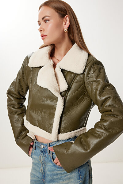 Happiness İstanbul Kadın Haki Kürklü Suni Deri Crop Ceket KT00013
