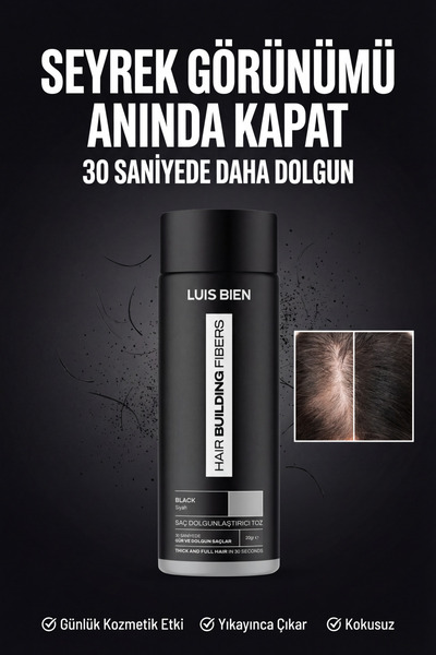 Luis Bien Siyah Saç Fiber Toz – Seyrek Saç Kapatıcı, Anında Dolgun & Yoğun Gö...