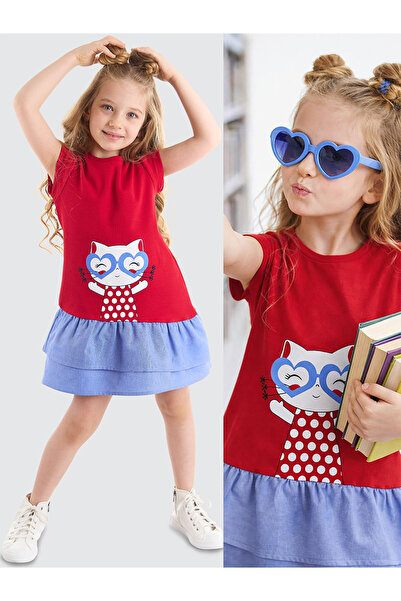 Denokids Kedi Fırfırlı Kırmızı Kız Çocuk Yazlık Elbise
