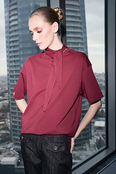 Trendyol Kollektion Limited Edition Bordo Oversize Low Sleeve Short Sleeve Lo...