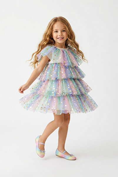 TRENDYOLKIDS Mehrfarbiges Tüll-Kurzkleid/Mini-Kleid aus einfarbigem Webstoff ...