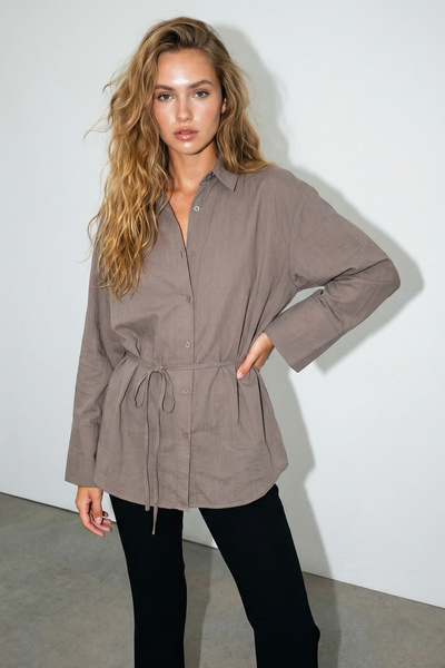 Drop by TrendyolMilla Mink prugasta Tkano majica sa strukom Na vezivanje TDRS...