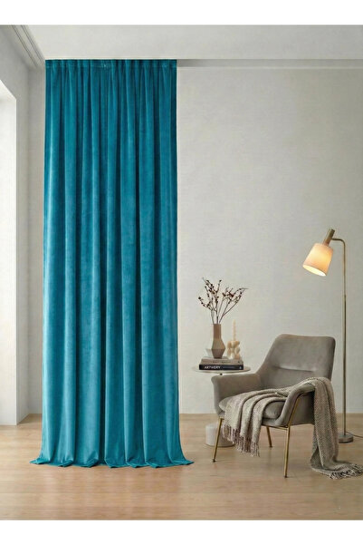 Bercem Home Kadife Dokulu Ekstrafor Büzgülü Fon Perde - Turkuaz - (Pilesiz Di...