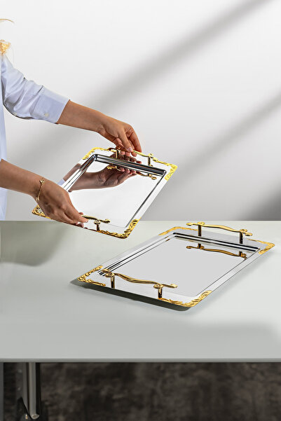 Nehir صينية تقديم من الفولاذ المقاوم للصدأ من لاليزار جولد، قطعتين، للشاي وال...