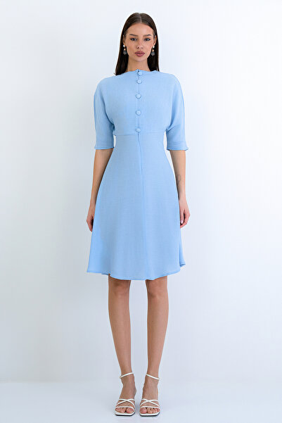 Trend Alaçatı Stili Women's Baby Blue Boat Neck Robe Gipeli Wide Cut Midi Len...