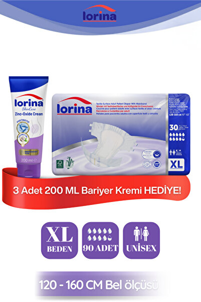 LORİNA Tekstil Yüzeyli Bel Bantlı Yetişkin Hasta Bezi Xlarge 30'lu 3 Paket 90...