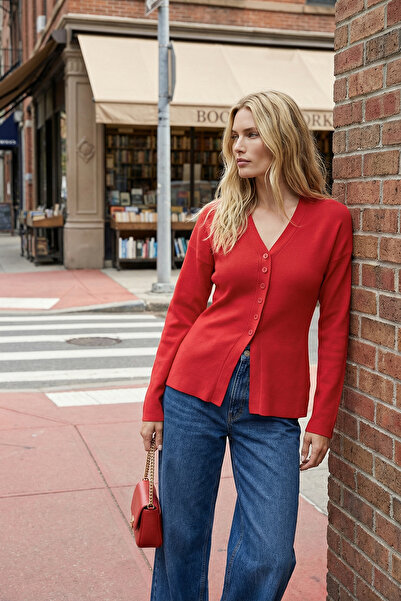 Trendyol Collection Red V-Neck Mercerized Look Premium Yarn/Special Yarn Knit...