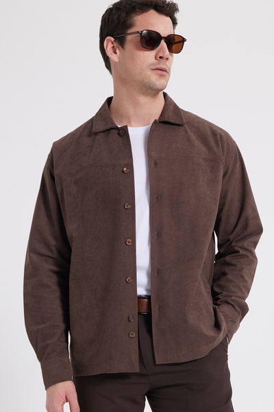 Tudors Men's Relax Fit Comfortable Cut Plain Suede Brown Jacket Shirt with Si...