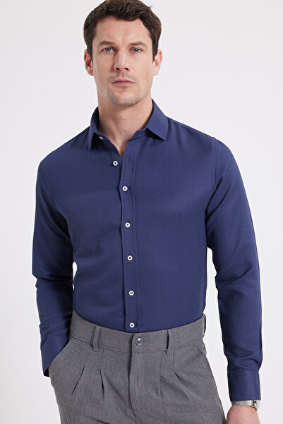 Tudors Modern Slim Fit Uzun Kollu Pamuklu Kolay Ütü Armürlü Erkek Lacivert Gö...