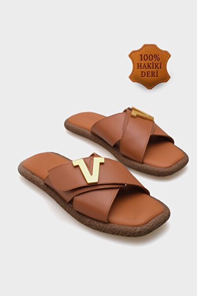 Capone Outfitters Kata Hakiki Deri Çapraz Bantlı V Tokalı Düz Topuklu Konfor ...