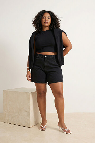 Trendyol Curve Black Elastic High Waist Mini 100% Cotton Plus Size Denim Shor...