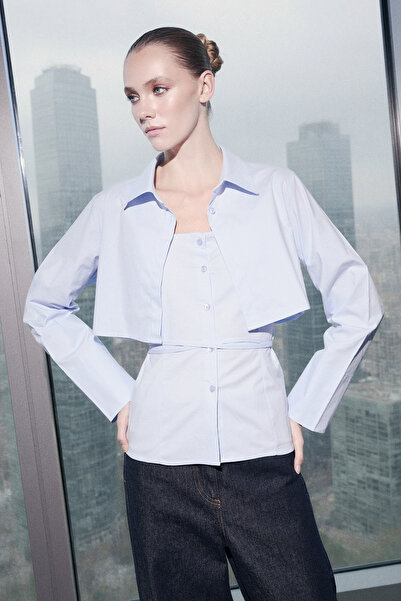 ترينديول كوليكشن قميص من قماش الريبون الليكرا باللون الأزرق الفاتح ذو قطعتين ...