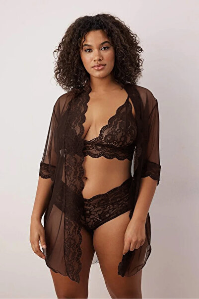 Trendyol Curve Brown Mesh & Lace 3-Piece Plus Size Lingerie Set Tbbaw26Dg00007
