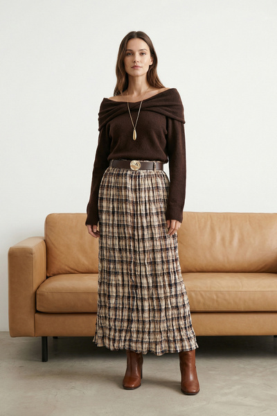 Trendyol Collection Fusta lungă maxi cu țesătură încrețită, cu centură în car...