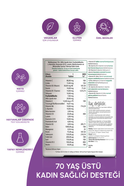 Wellwoman Demir, Biotin,Çinko,B Complex, D Vitamini İçeren 70 Yaş Üzeri Kadın Sağlığı Vitamini  30 Tablet