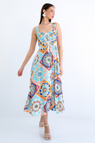 Trend Alaçatı Stili Women's Blue-Orange Ethnic Patterned Asymmetrical Woven D...