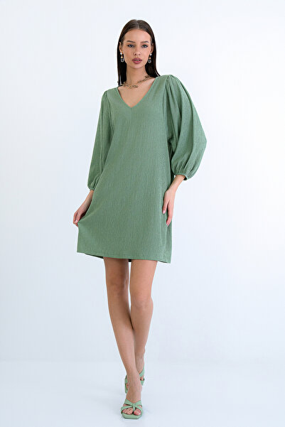 Trend Alaçatı Stili Women's Khaki V-Neck Princess Sleeve Wrap Mini Dress Alc-...