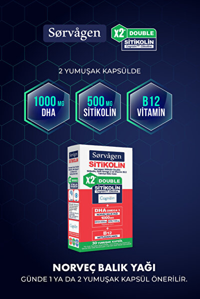 Sorvagen DOUBLE SİTİKOLİN (250 mg), DHA OMEGA 3 VE B12 (30 Kapsül)