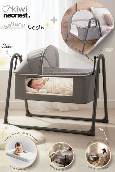 Kiwi Neonest Anne Yanı Kalın Yataklı Cibinlikli Ve Tenteli, Sallanır. Portati...