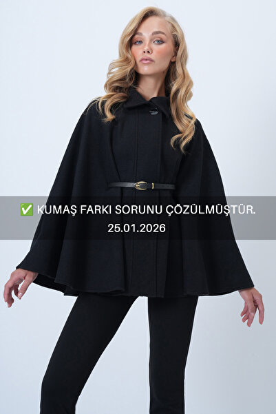 Trend Alaçatı Stili Siyah Kemer Detaylı Pelerin Kaban ALC-X14529