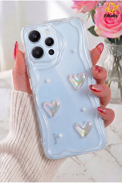 Fibaks Redmi 12 Kılıf 3D Kalpli İnci Tasarımlı Desenli Kamera Korumalı Şeffaf...