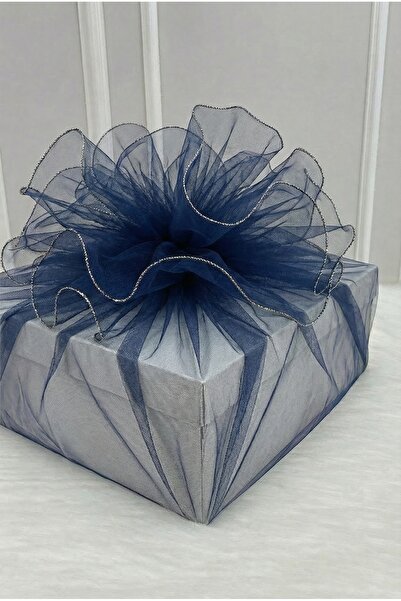 ZEYMERADE Tul decorativ Bohça, albastru închis, margine overlock argintie, or...