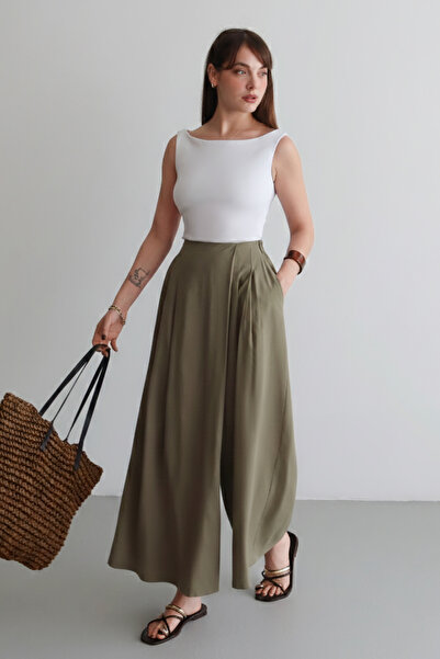 Trendyol Collection Pantaloni kaki cu aspect de fustă, cu picior larg și deta...