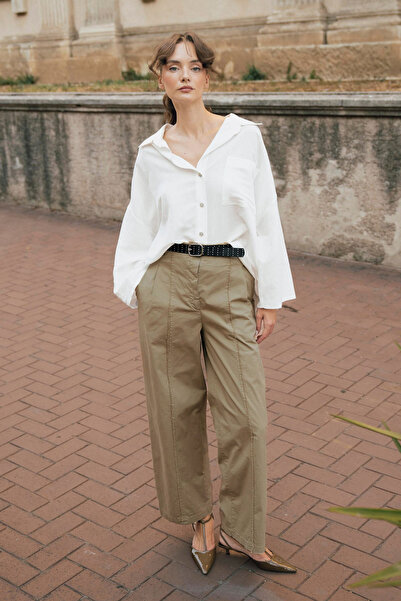 Trendyol Collection Ανοιχτόχρωμο χακί παντελόνι με ζώνη, 100% βαμβακερό υφαντ...