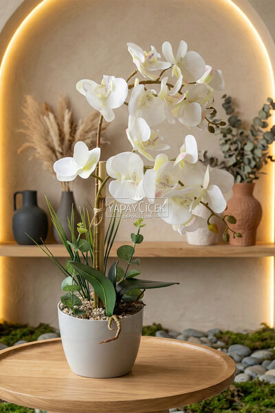 Yapay Çiçek Deposu Yapay Çiçek Melamin Saksıda 2li Orkide Tanzim Beyaz 75 Cm