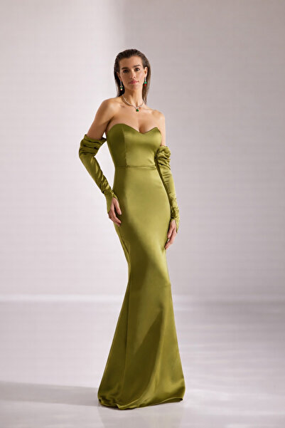 BETTY & SAM Rineta Saten Balık Etek Straplez Abiye Haki Elbise