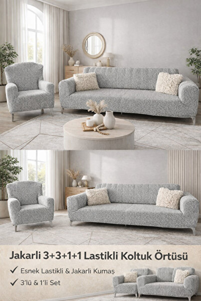 Faiend Jakarlı 3 3 1 1 Taş-gri Lastikli Kanepe Örtüsü | Lastikli Koltuk Örtüs...