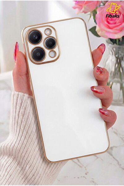 Fibaks Redmi 12 Kılıf Parlak Kenarlı Altın İşlemeli Kamera Korumalı Kapak Beyaz