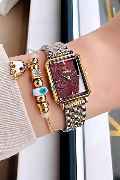 Homies Bordo Kadran Kadın Kol Saati Su Geçirmez Gold Gümüş Renk Çelik Kordon ...