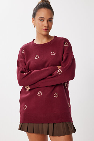 Happiness İstanbul Kalp Nakışlı Oversize Triko Kazak