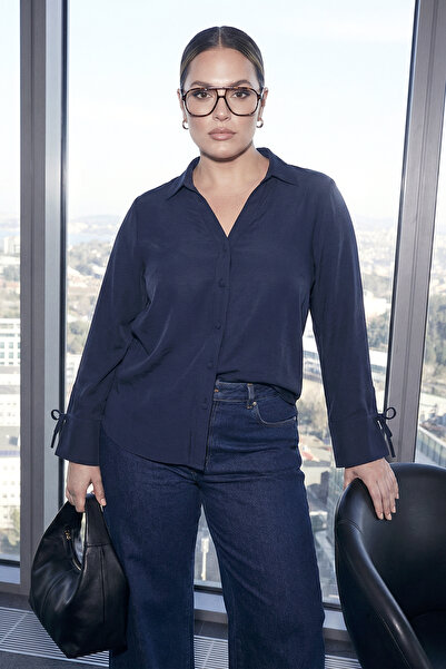 Trendyol Curve Limited Edition Navy Blue Modal Long Sleeve Plus Size Shirt Tb...