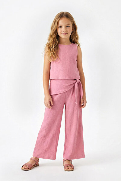 TRENDYOLKIDS Pink Girls' Muslin Plain Knitted Top and Bottom Set Tkdss26Au00016