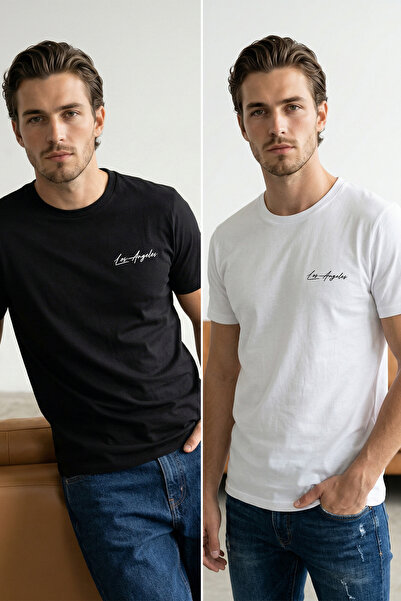 Trendyol Collection Black-White 2 Pack Regular Cut Embroidered T-Shirt Tmnss2...