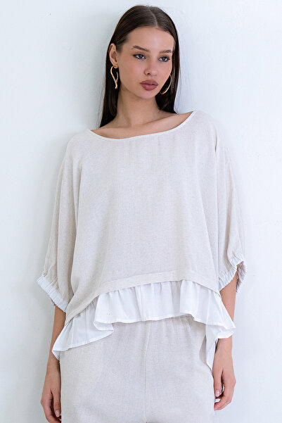 Trend Alaçatı Stili Women's Ecru Boat Neck Woven Ruffled Linen Blouse with Ti...