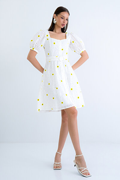 Trend Alaçatı Stili Women's Yellow Watermelon Sleeve Lined Embroidered Scallo...