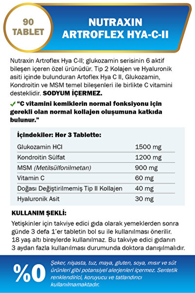 Nutraxin Artroflex HYA-C-II 90 Tablet–Tip II Kolajen, Glukozamin, MSM, Hyaluronik Asit